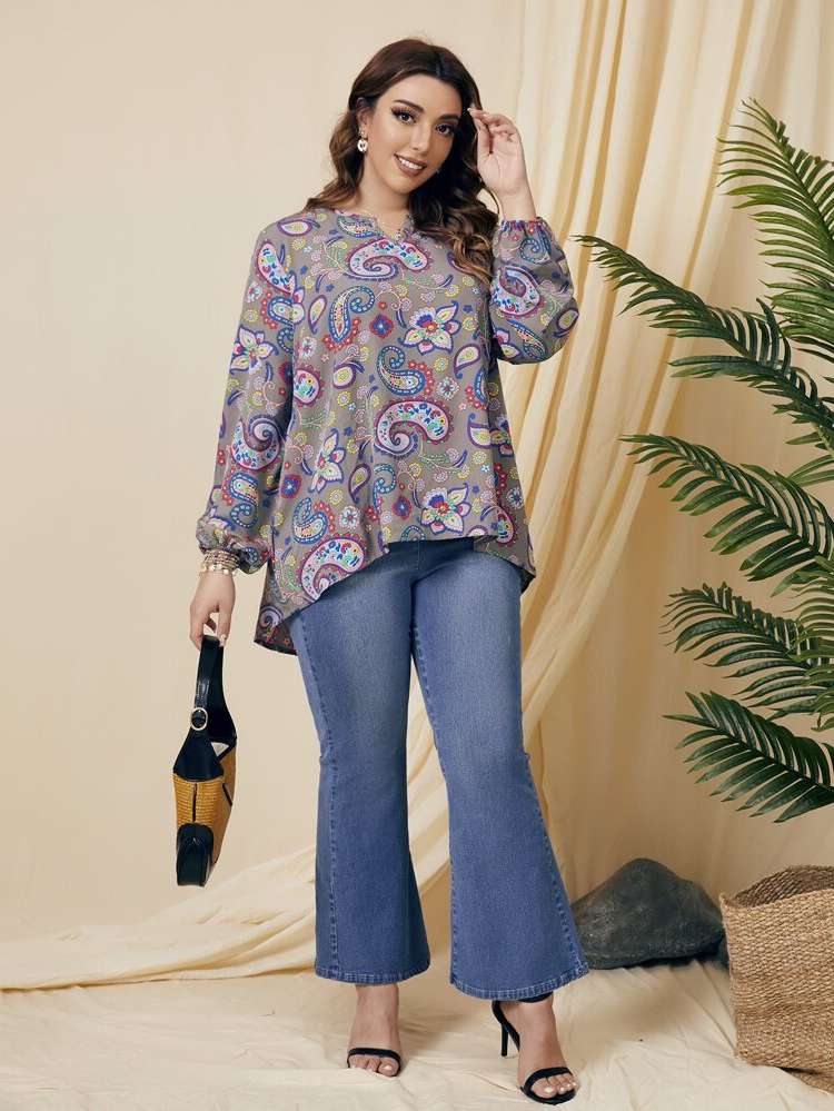 Notched Long Sleeve Regular Fit Plus Size Blouses 3216