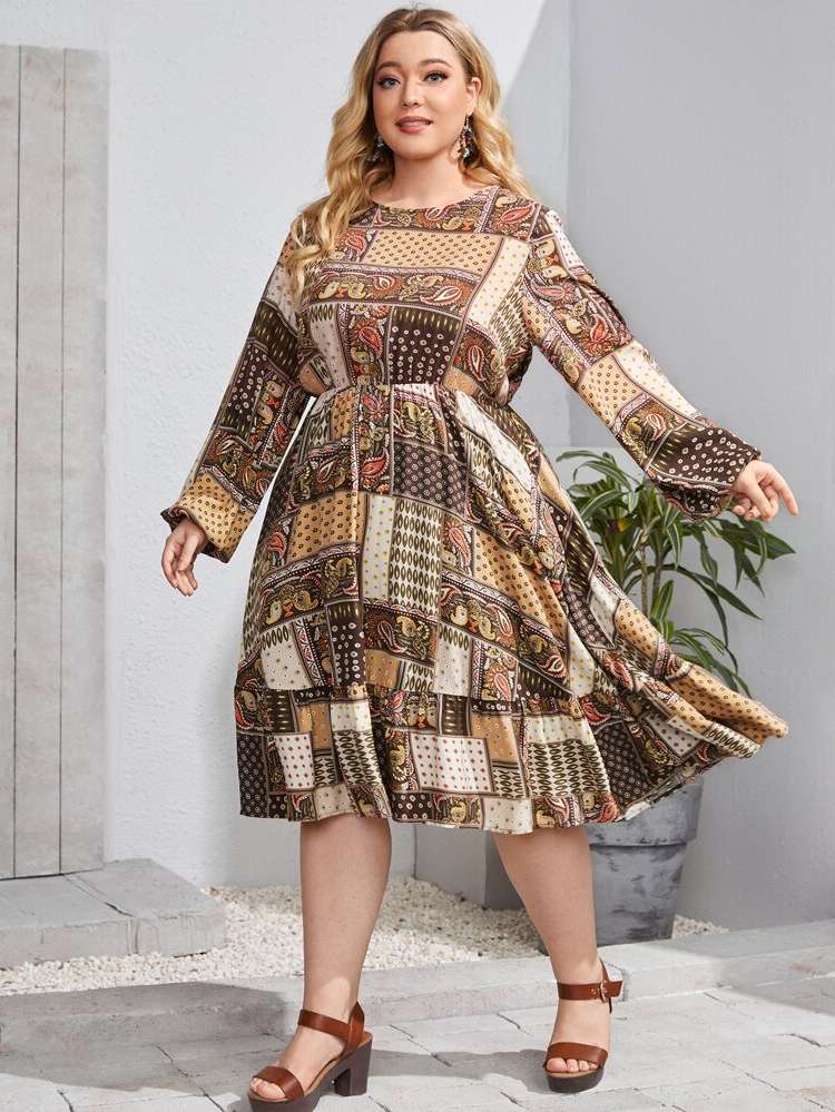 Midi Long Sleeve Round Neck Patchwork Plus Size Dresses 218