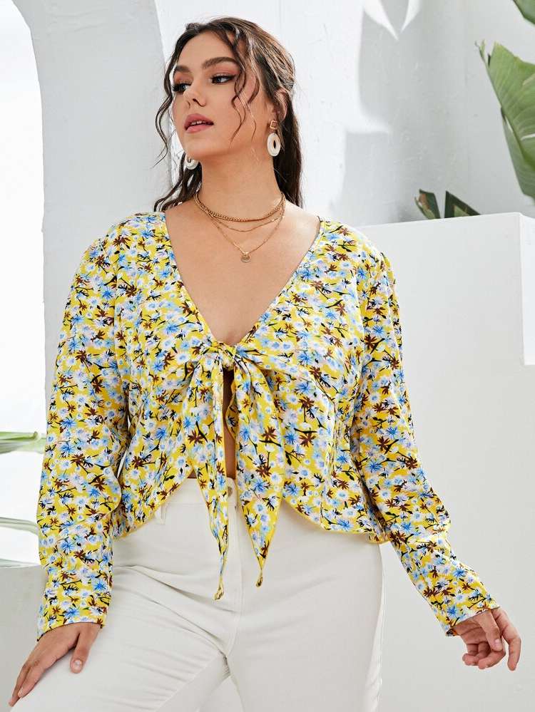  Boho Tie Front Floral Plus Size Women Tops 8522