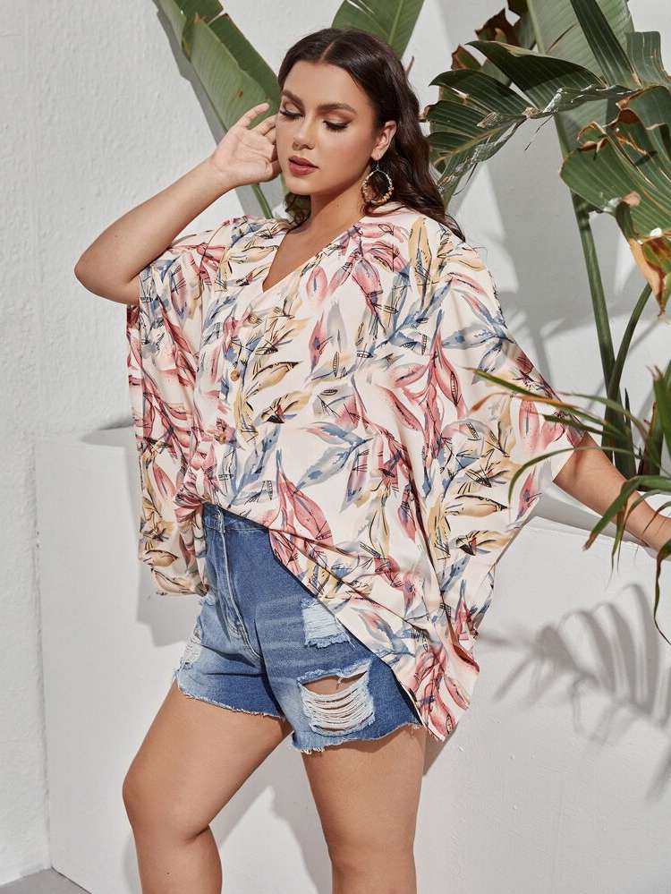 Boho V neck Three Quarter Length Sleeve Plus Size Blouses 5043