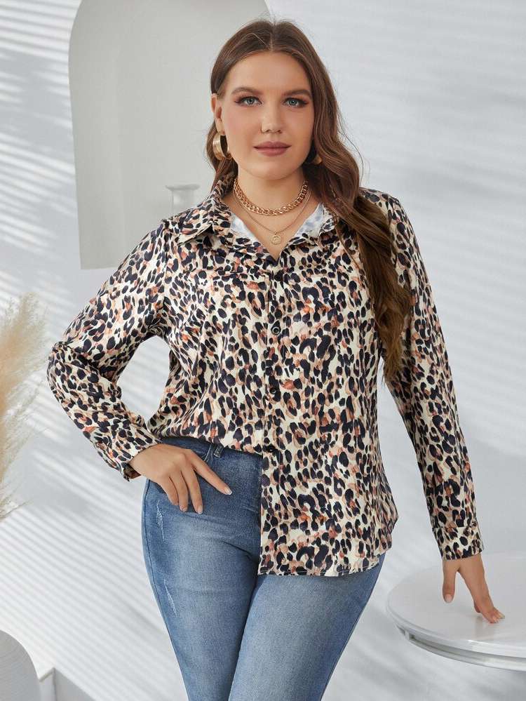 Regular Fit Leopard Button Front Multicolor Plus Size Tops 2677