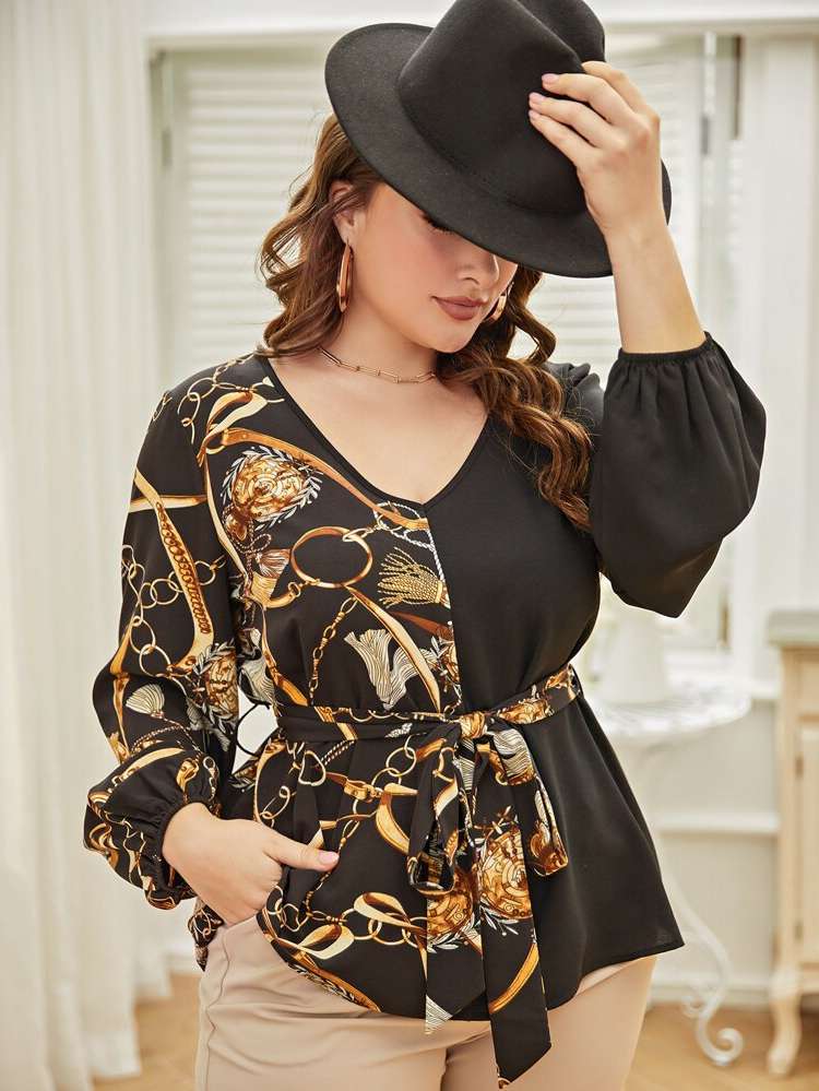 Multicolor  Long Sleeve Plus Size Blouses 7724