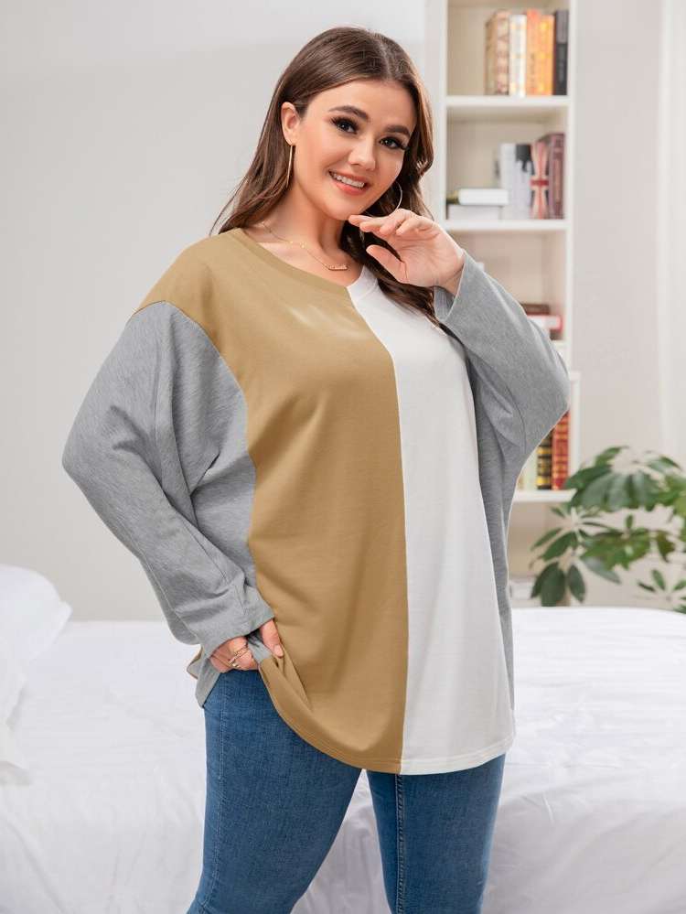 V neck Colorblock Long Plus Size Tops 6555