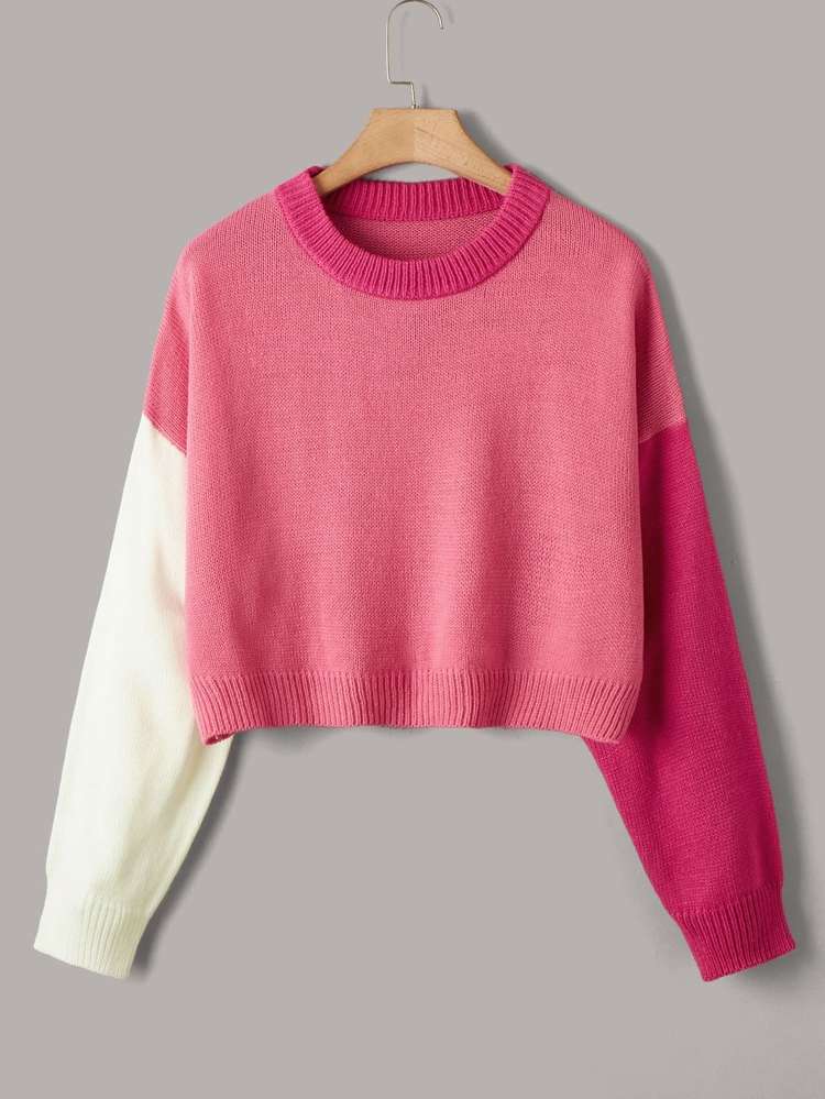  Colorblock Long Sleeve Crop Plus Size Knitwear 758