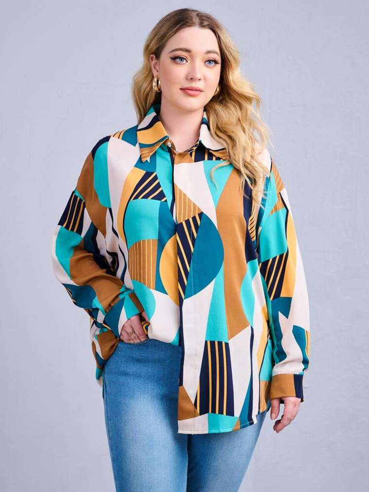 Collar Button Front Oversized Plus Size Blouses 4082