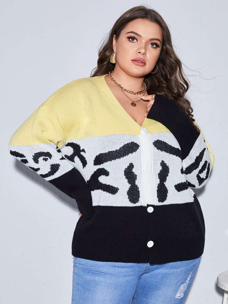  Multicolor Colorblock V neck Plus Size Cardigans 4569