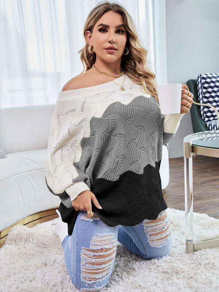 Colorblock Multicolor Long Scallop Plus Size Knitwear 960