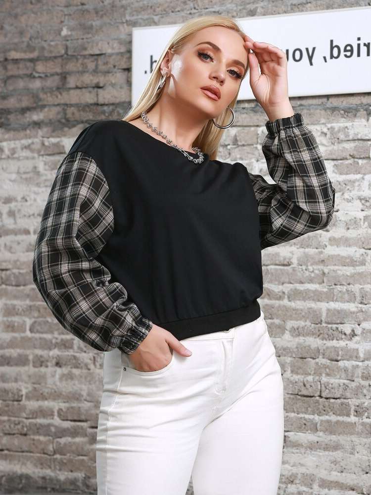 Crop Regular Fit Plaid Multicolor Plus Size Sweatshirts 341