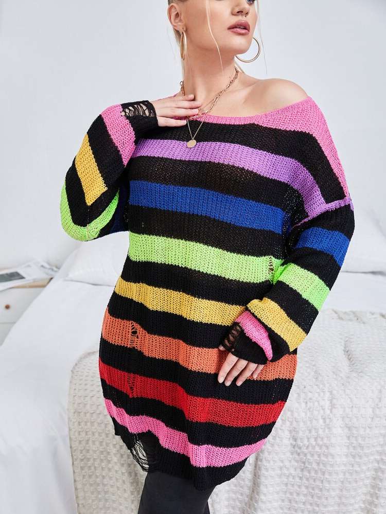 Striped Ripped Long Boat Neck Plus Size Sweaters 748