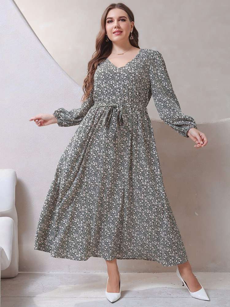  Maxi Long Sleeve Ditsy Floral Plus Size Dresses 9546