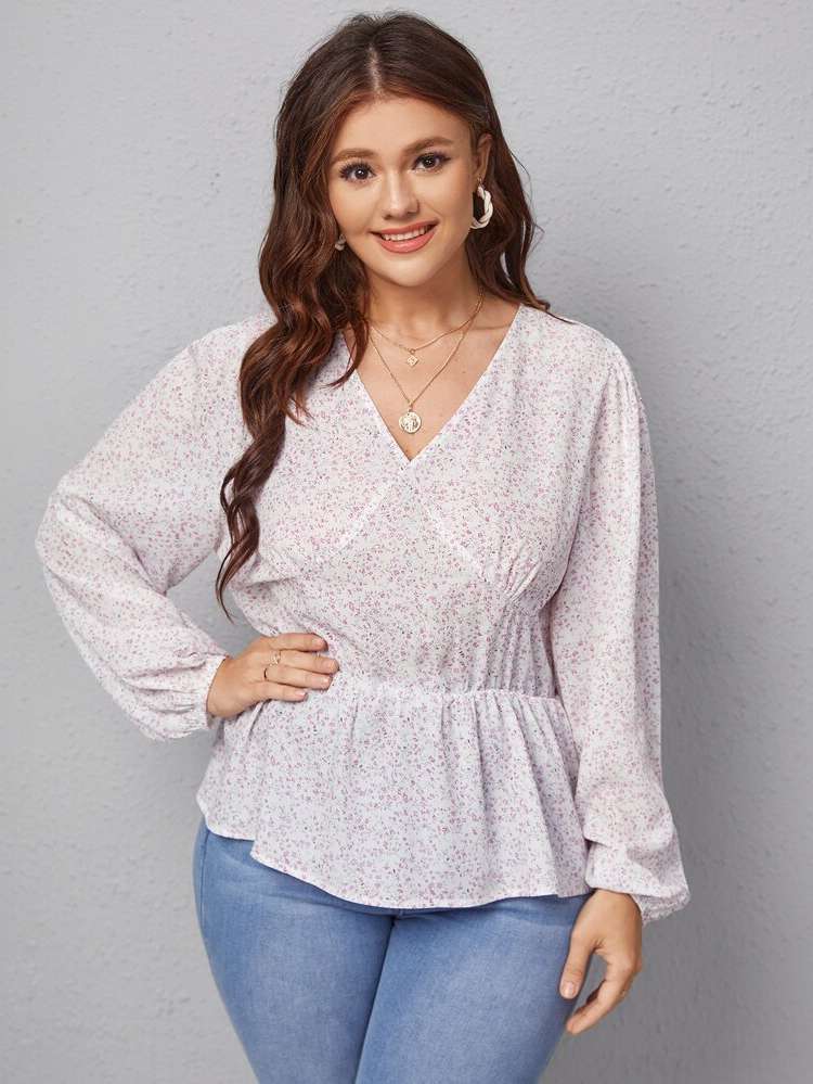  Long Sleeve Ruffle Hem Multicolor Plus Size Blouses 8511