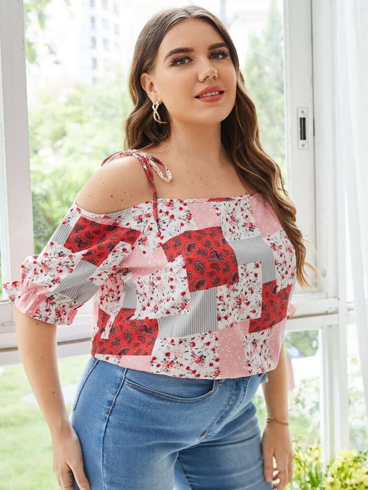 Multicolor Cold Shoulder Boho Regular Plus Size Blouses 805