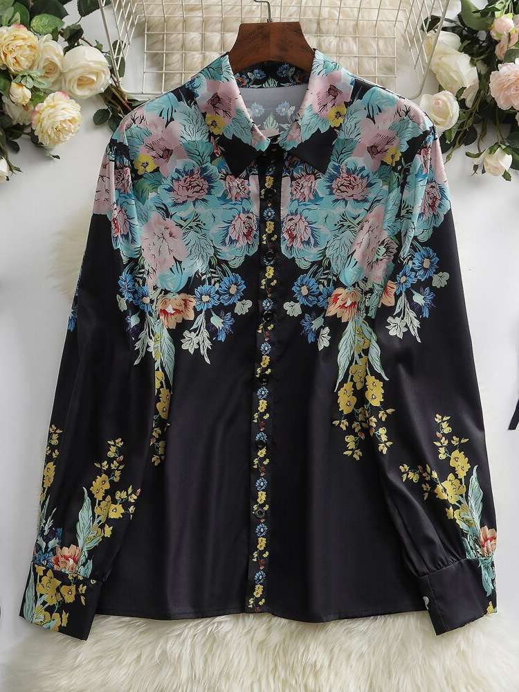 Multicolor Long Sleeve Casual Floral Plus Size Blouses 6058