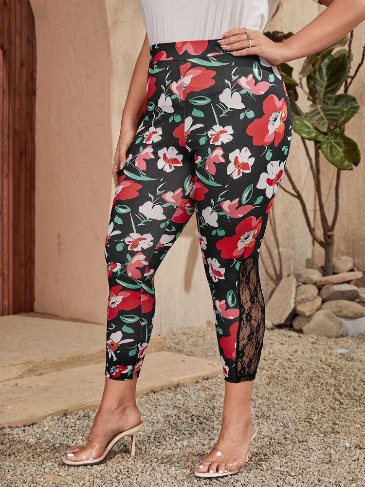 Skinny Cropped Floral Contrast Lace Plus Size Leggings 1631