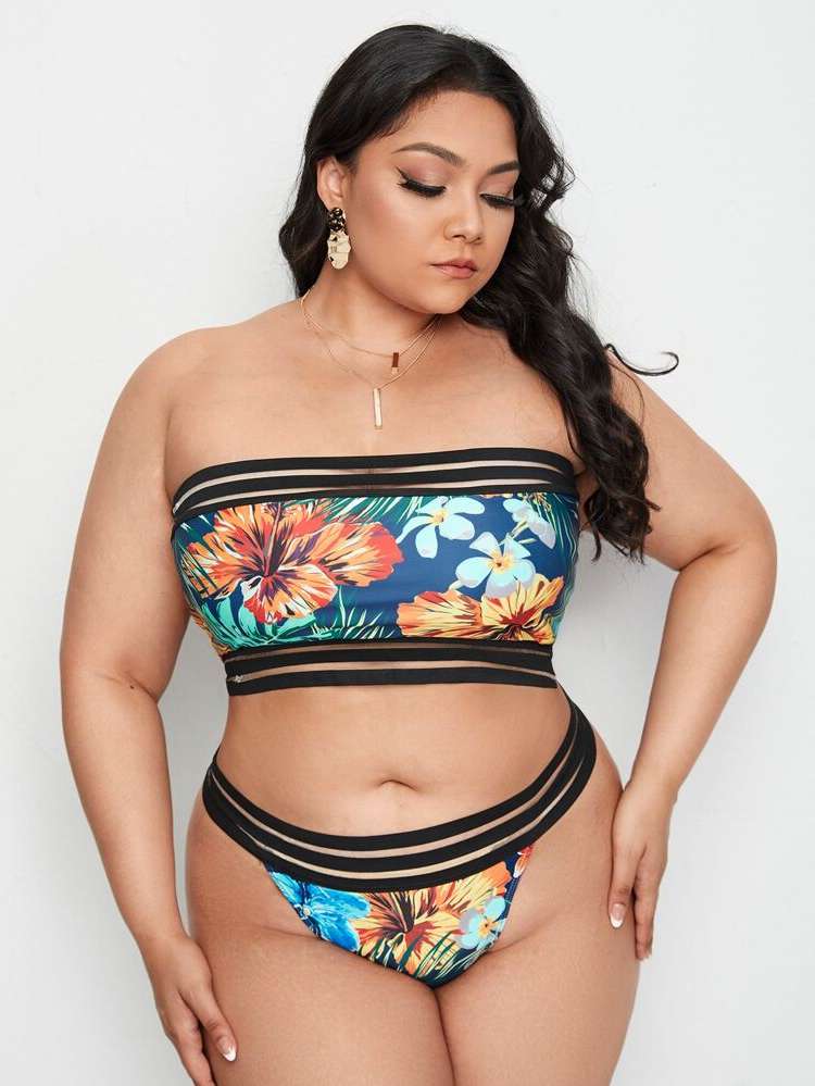  Bandeau Floral Multicolor Plus Size Beachwear 786