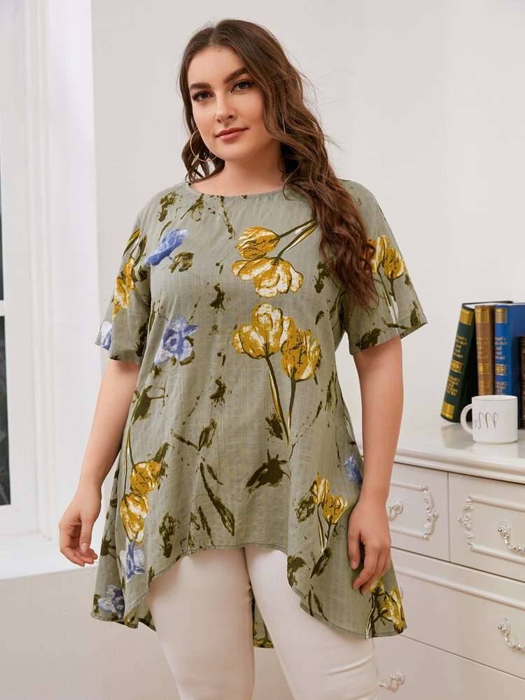  Floral Short Sleeve Women Plus Clothing 835