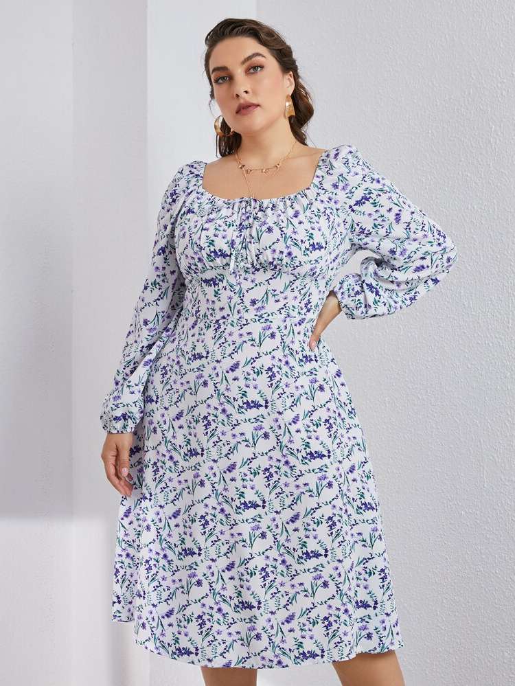 Ditsy Floral Square Neck Regular Fit Women Plus Clothing 369