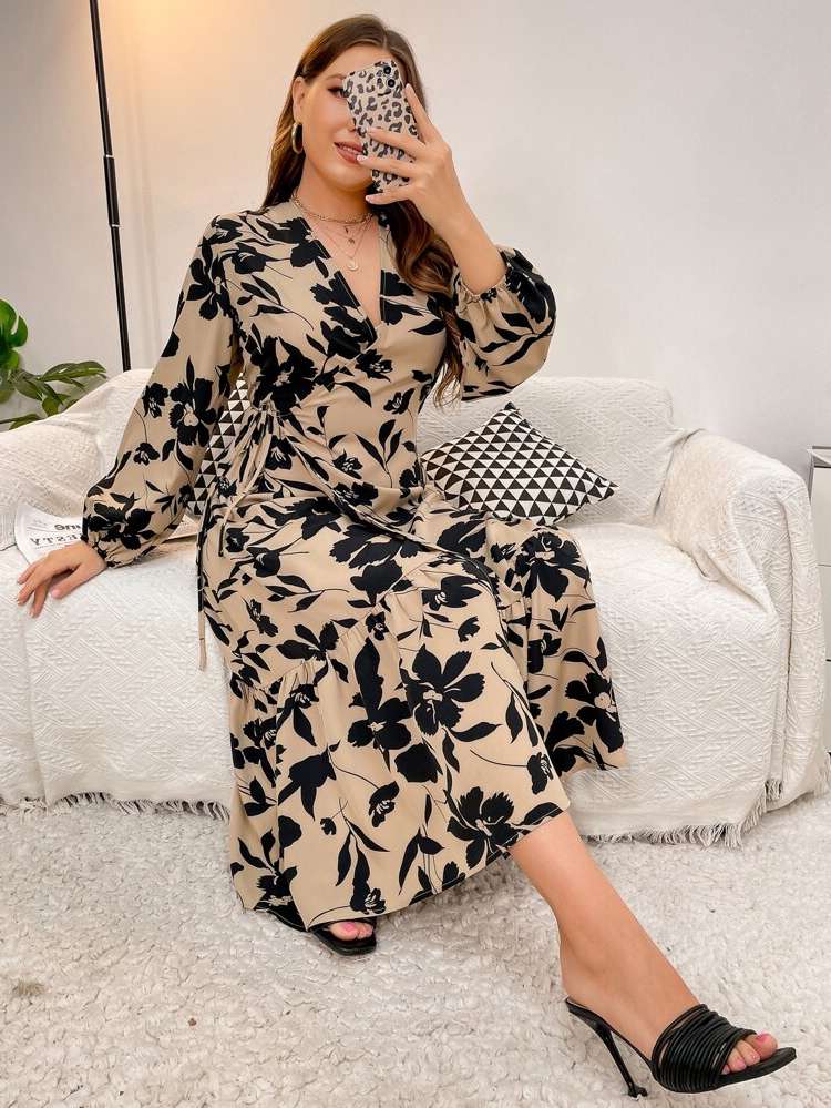 V neck Floral Long Sleeve Plus Size Dresses 882