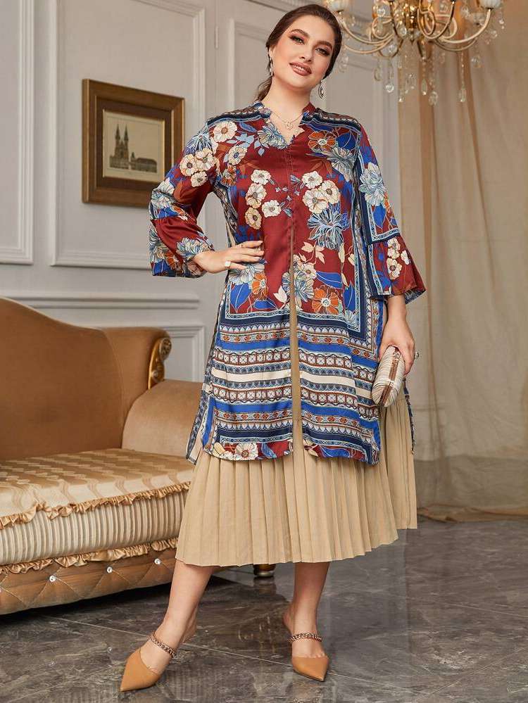 Elegant Three Quarter Length Sleeve Multicolor Plus Size Co-Ords 922