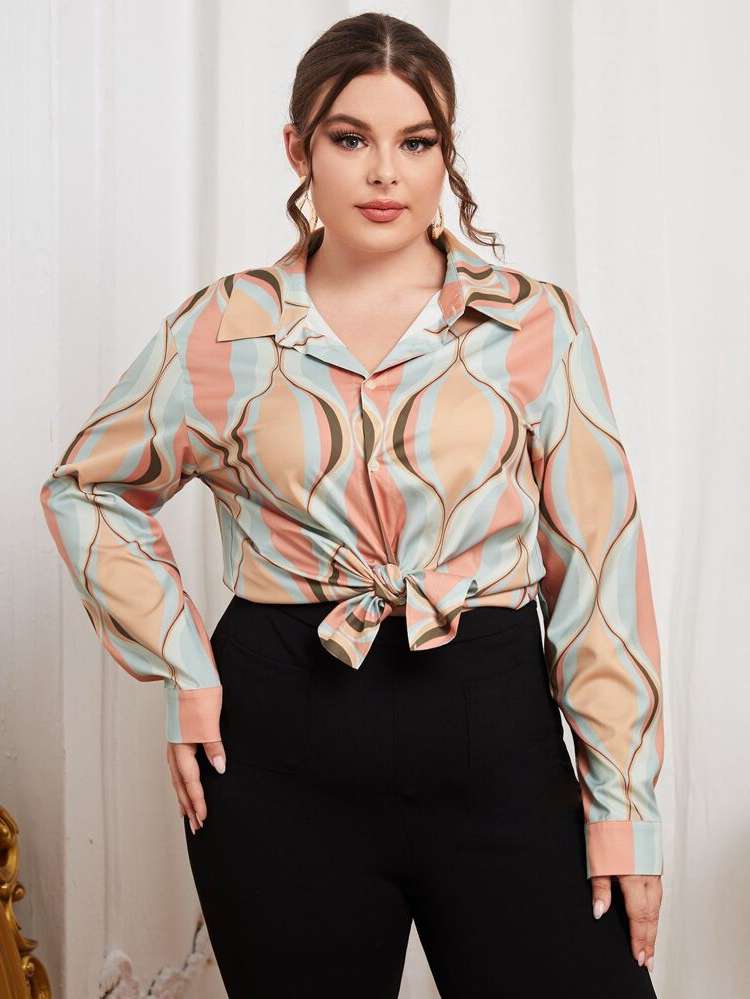 Long Sleeve Long Button Front Regular Fit Plus Size Tops 6384