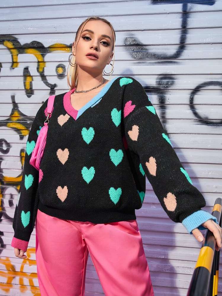  Regular Fit Multicolor Long Sleeve Plus Size Sweaters 185