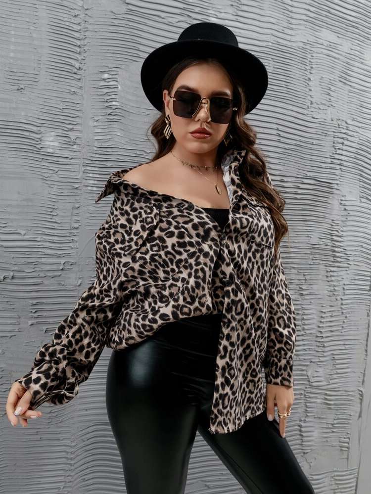 Multicolor Button Leopard Plus Size Blouses 9837