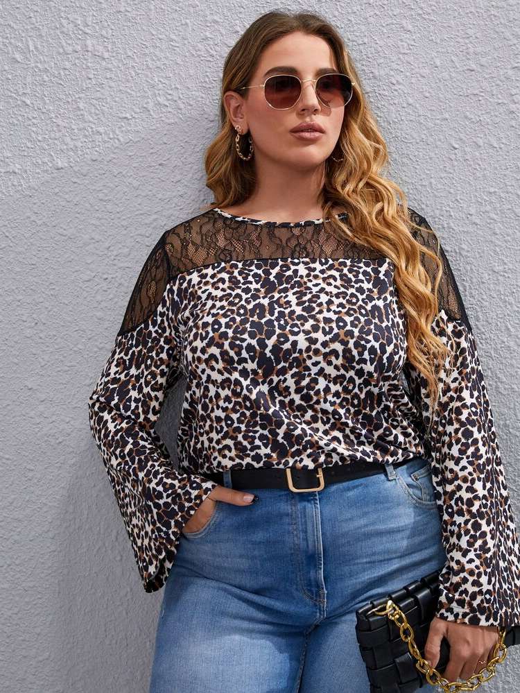 Leopard Multicolor Contrast Lace Regular Fit Plus Size Tops 8411