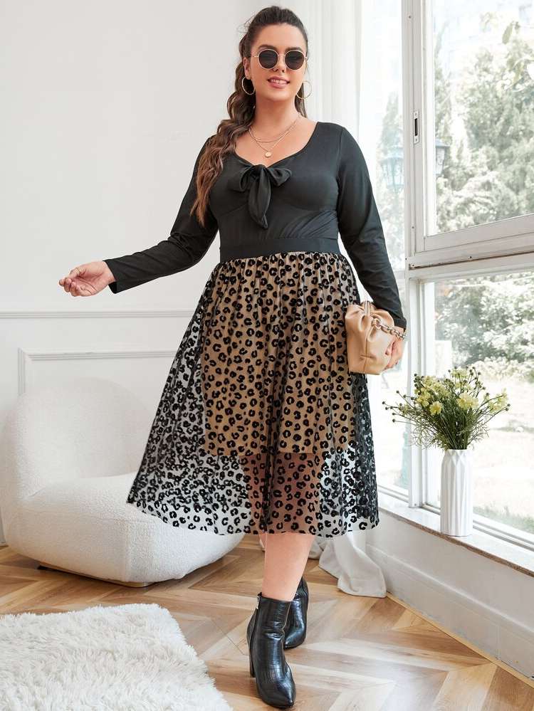  Contrast Mesh Casual Leopard Plus Size Skirts 100