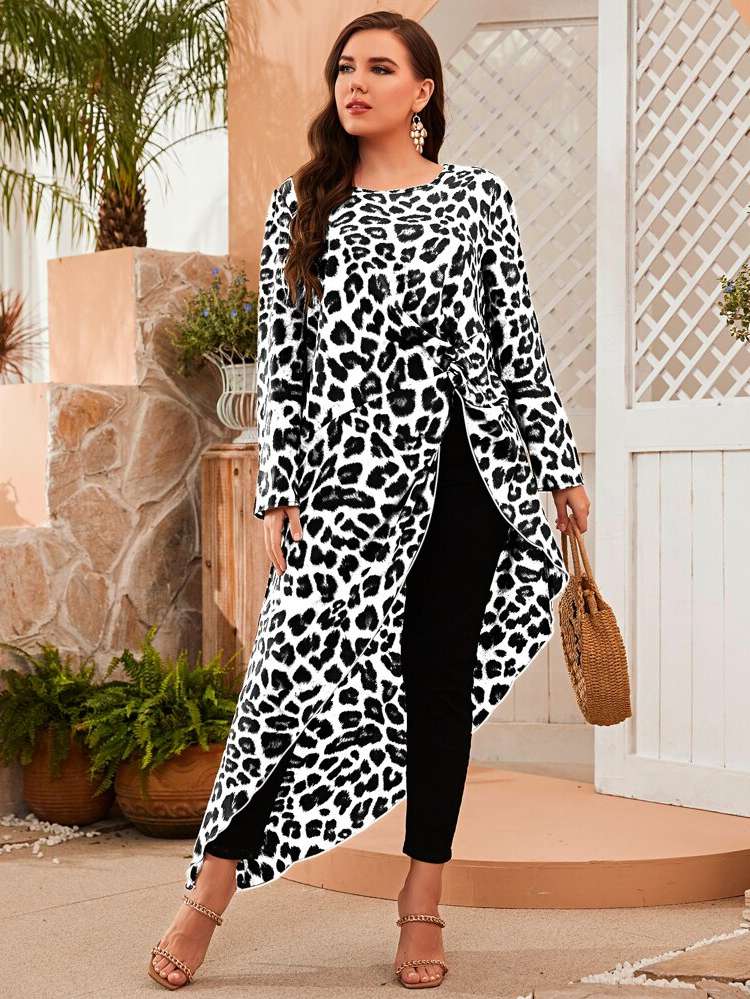 Leopard Long Sleeve Multicolor Round Neck Women Plus Clothing 7955