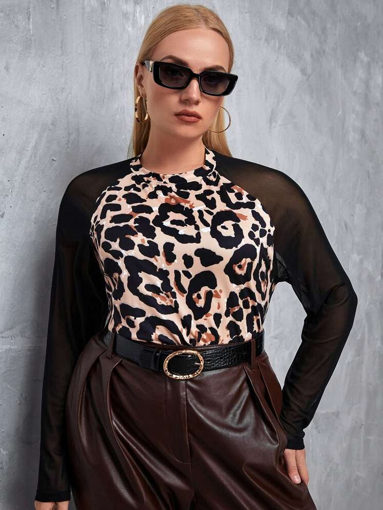 Contrast Mesh Leopard Round Neck Regular Plus Size T-shirts 8177