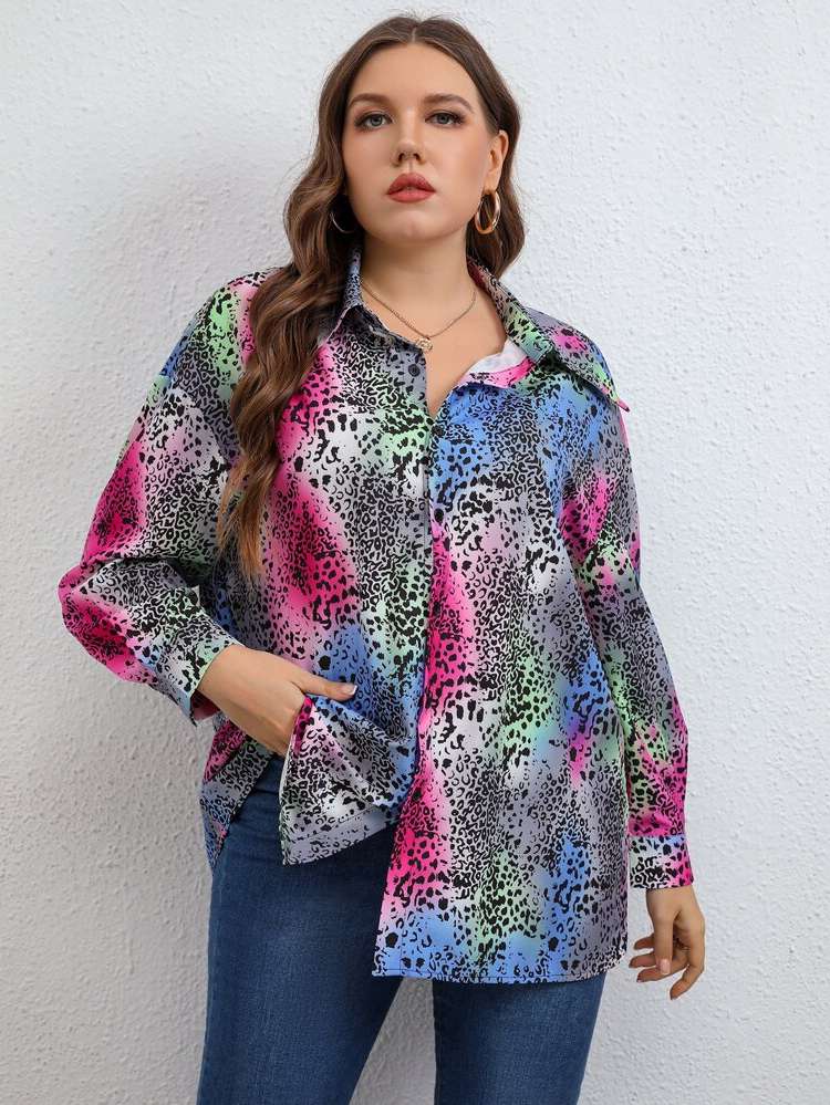 Regular Fit Collar Button Front Leopard Plus Size Blouses 1034