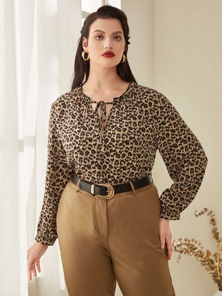 Leopard Casual Regular Fit Plus Size Tops 7335