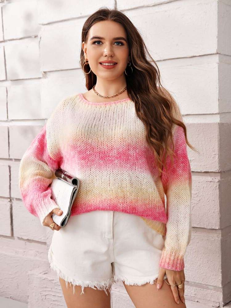 Casual Boat Neck Ombre Multicolor Plus Size Knitwear 2487