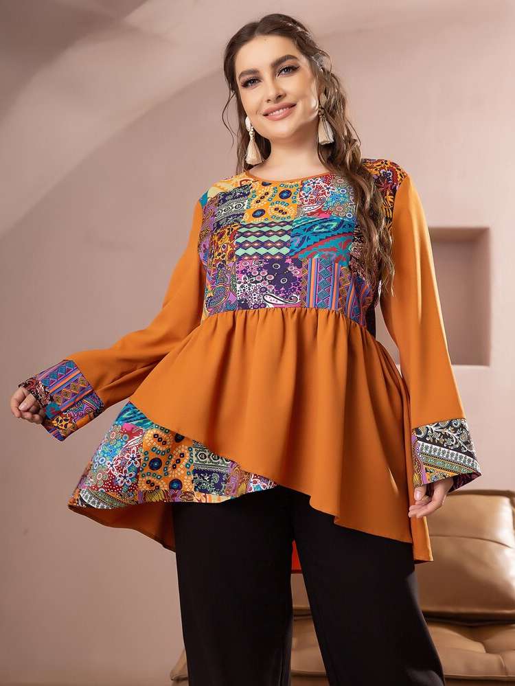 Geometric Asymmetrical Boho Round Neck Women Plus Clothing 1581