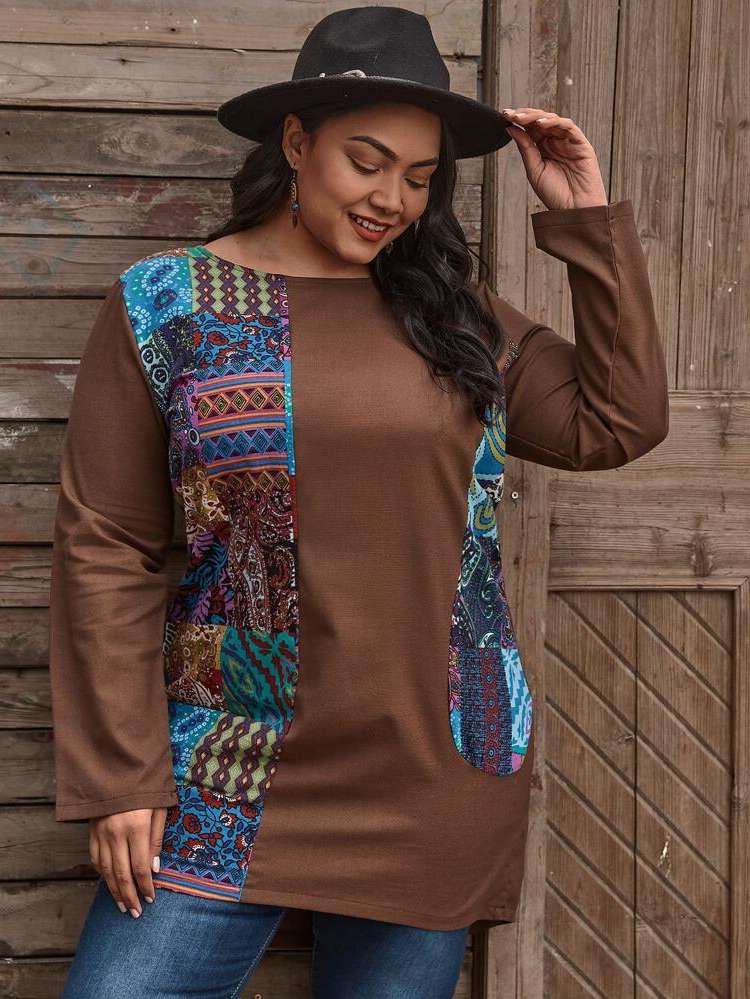 Round Neck  Casual Plus Size Blouses 1346