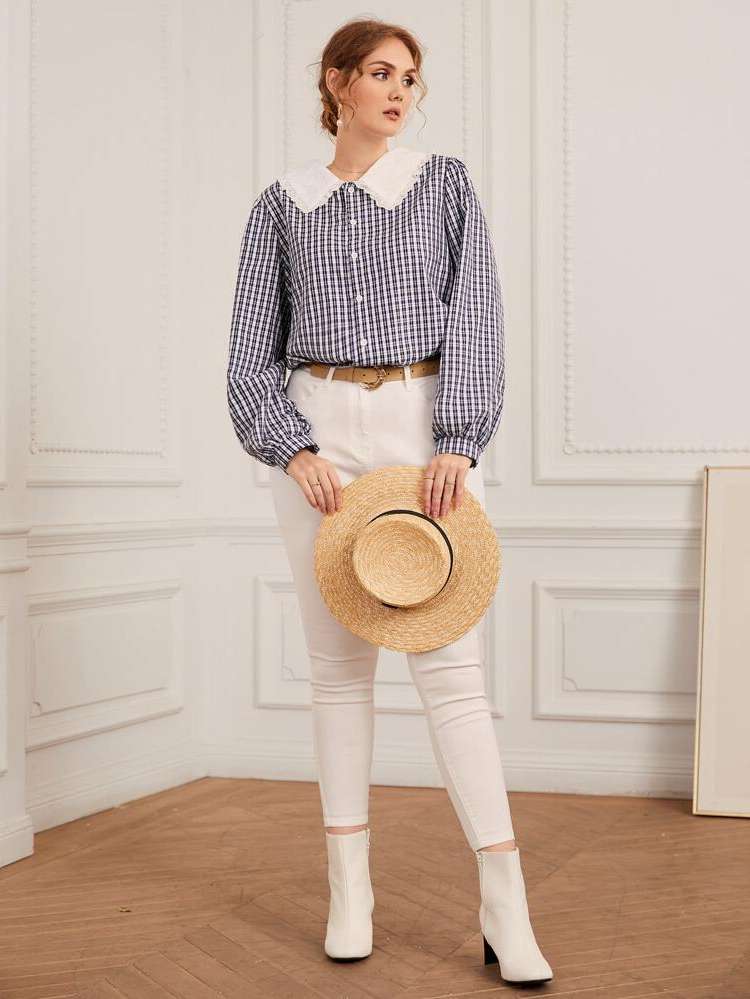 Long Sleeve Contrast Collar Regular Fit Plus Size Blouses 4267