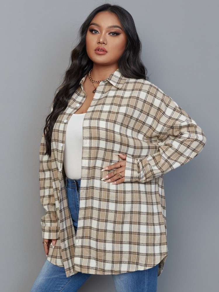 Plaid Button Collar Casual Plus Size Tops 7813