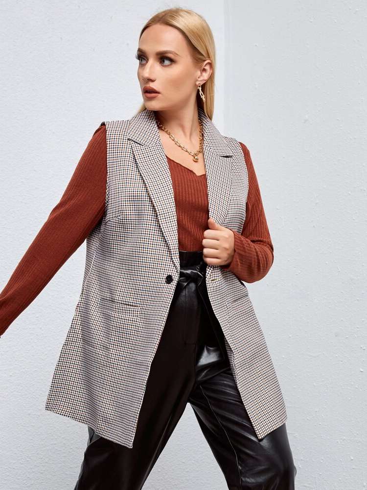 Lapel Elegant Sleeveless Plaid Plus Size Blazers 1486