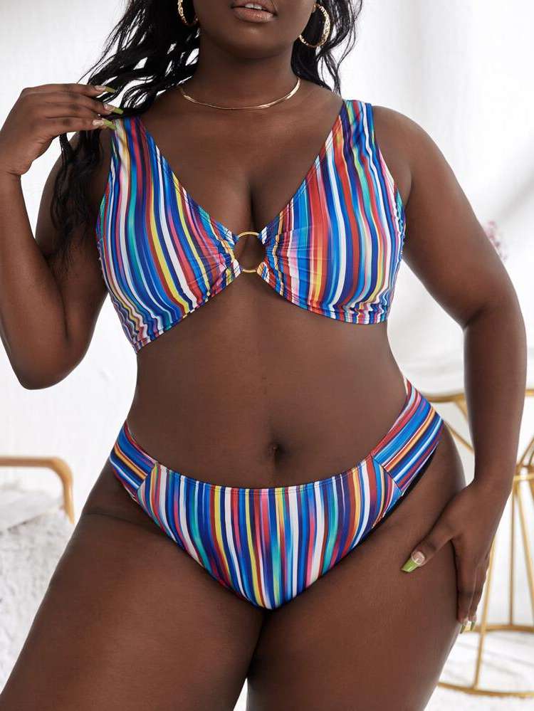 Striped  Ring Plus Size Swimwear 6866