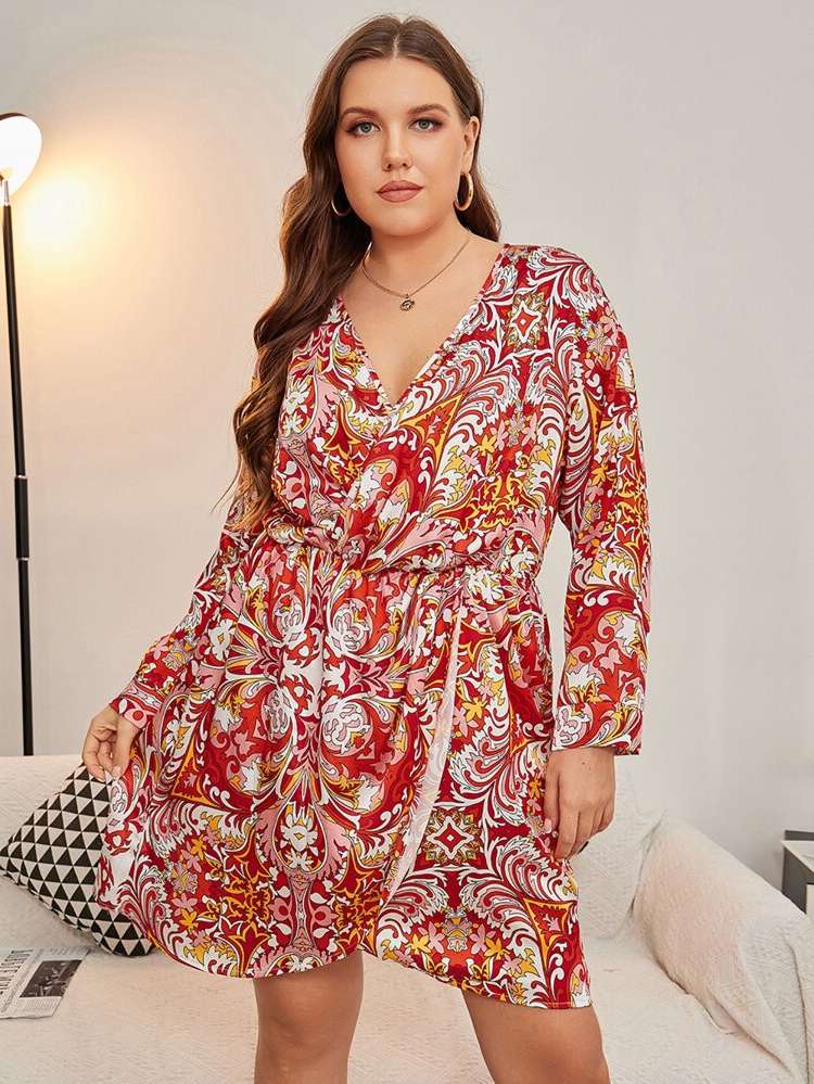 Wrap Tribal Long Sleeve Regular Fit Plus Size Dresses 678