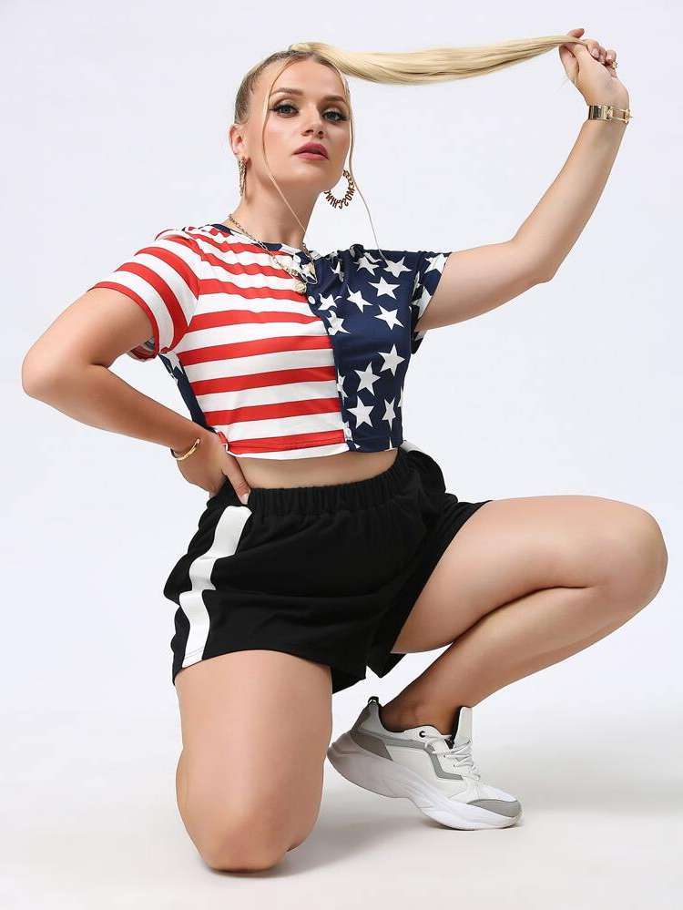 Regular Fit Short Sleeve Round Neck Flag Women Plus Clothing 9211