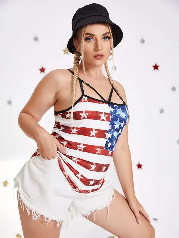 Contrast Binding Spaghetti Strap Flag Regular Fit Women Plus Clothing 2281