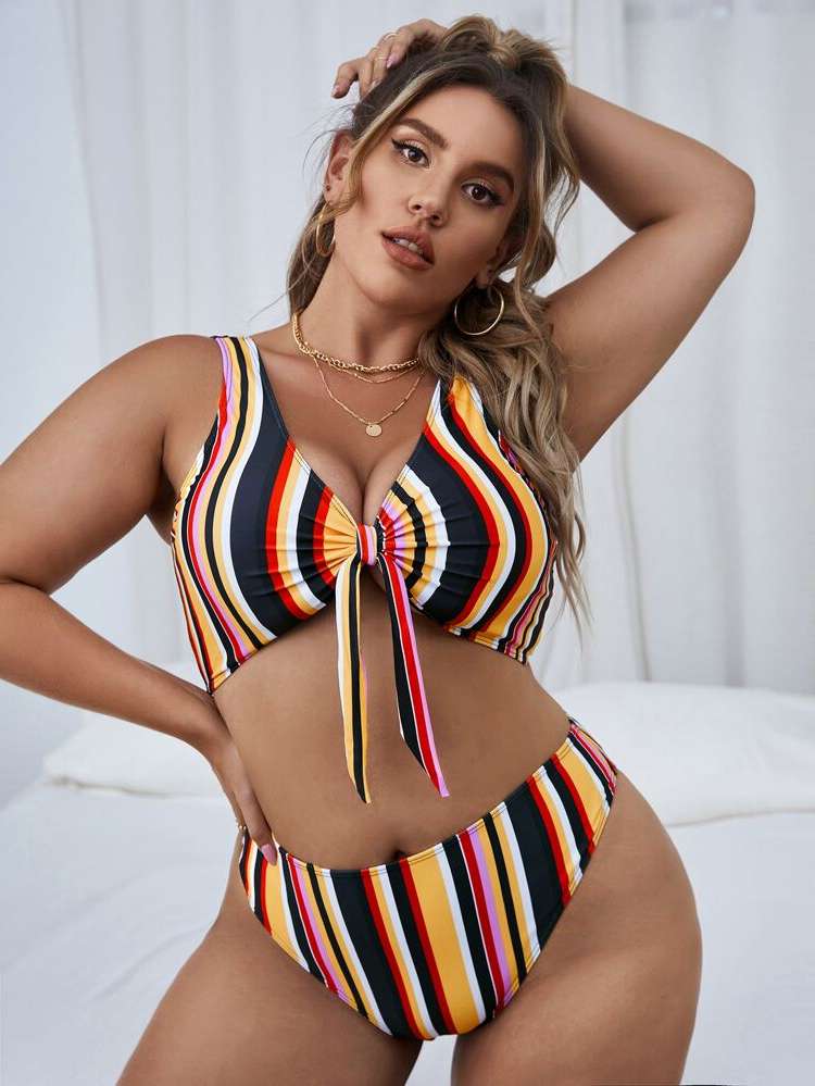 Tie Front V neck Casual Plus Size Swimwear 275