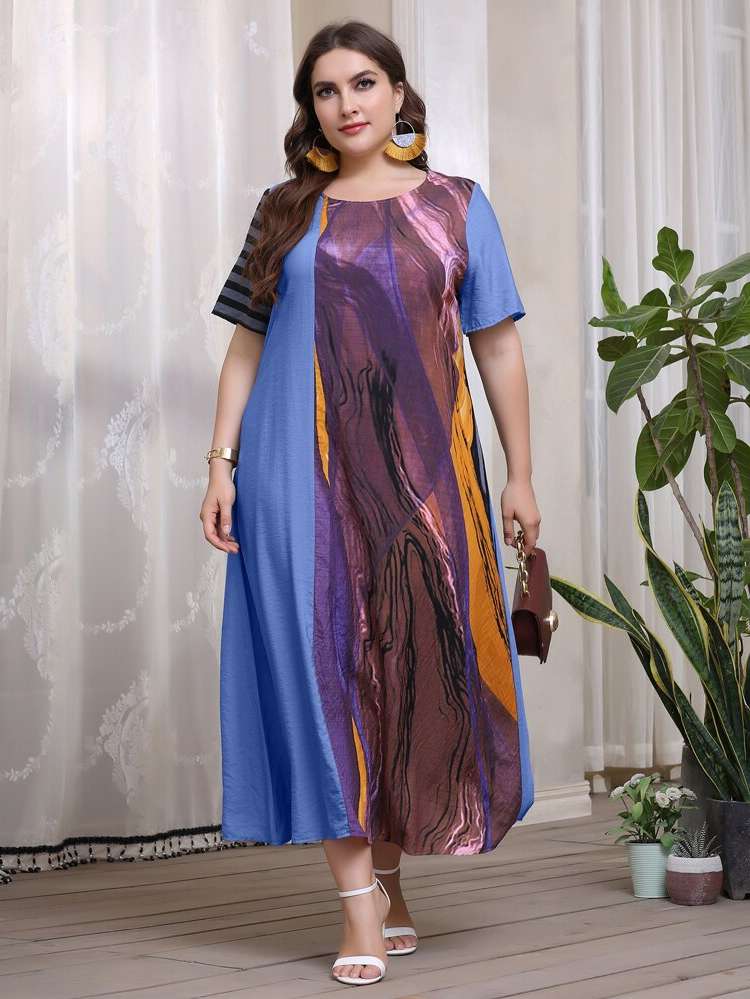  Long Scoop Neck Colorblock Plus Size Dresses 842