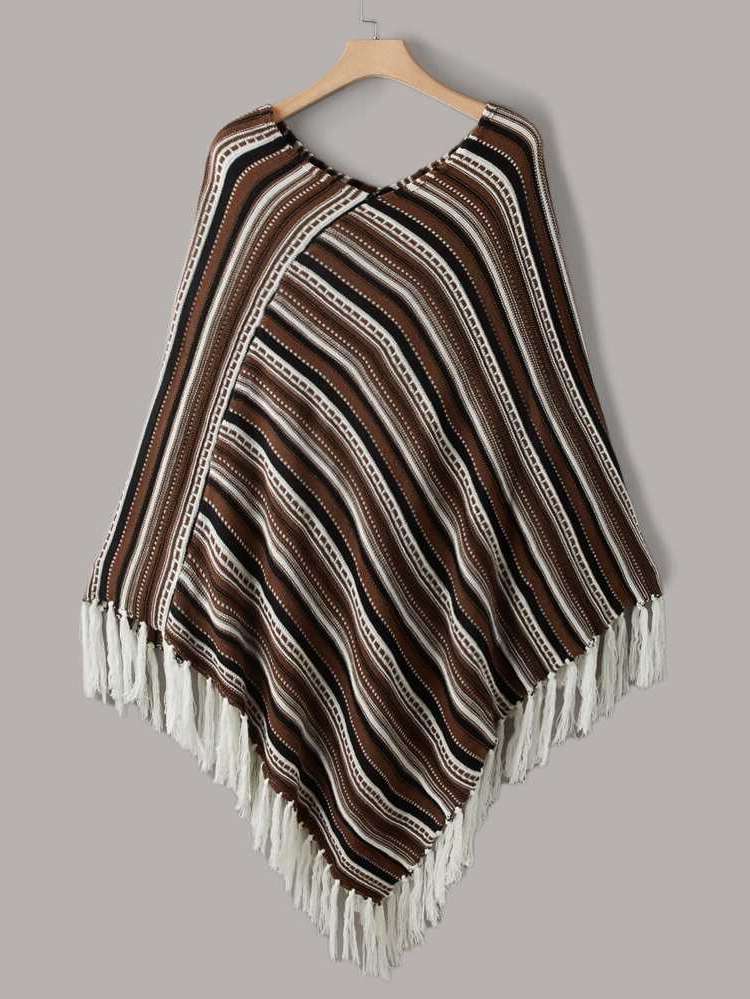 Multicolor Fringe Striped Casual Plus Size Knitwear 693