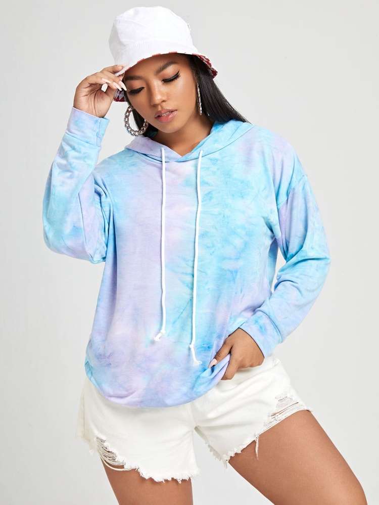 Regular Multicolor Drawstring Tie Dye Plus Size Sweatshirts 865