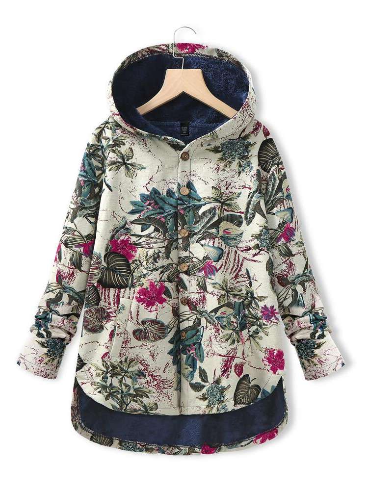 Long Sleeve Hooded Tropical Multicolor Plus Size Coats 992