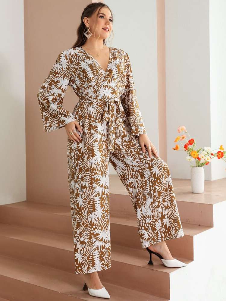 V neck Belted Tropical Boho Plus Size Jumpsuits  Bodysuits 2463