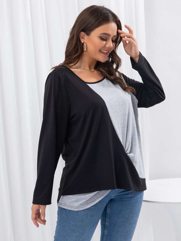 Colorblock Regular Fit Asymmetrical Asymmetrical Neck Plus Size T-shirts 2668