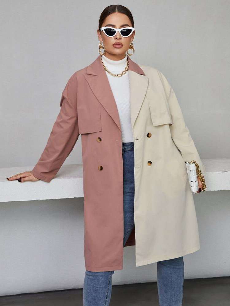 Multicolor Lapel Belted Knee Length Plus Size Trench Coats 243